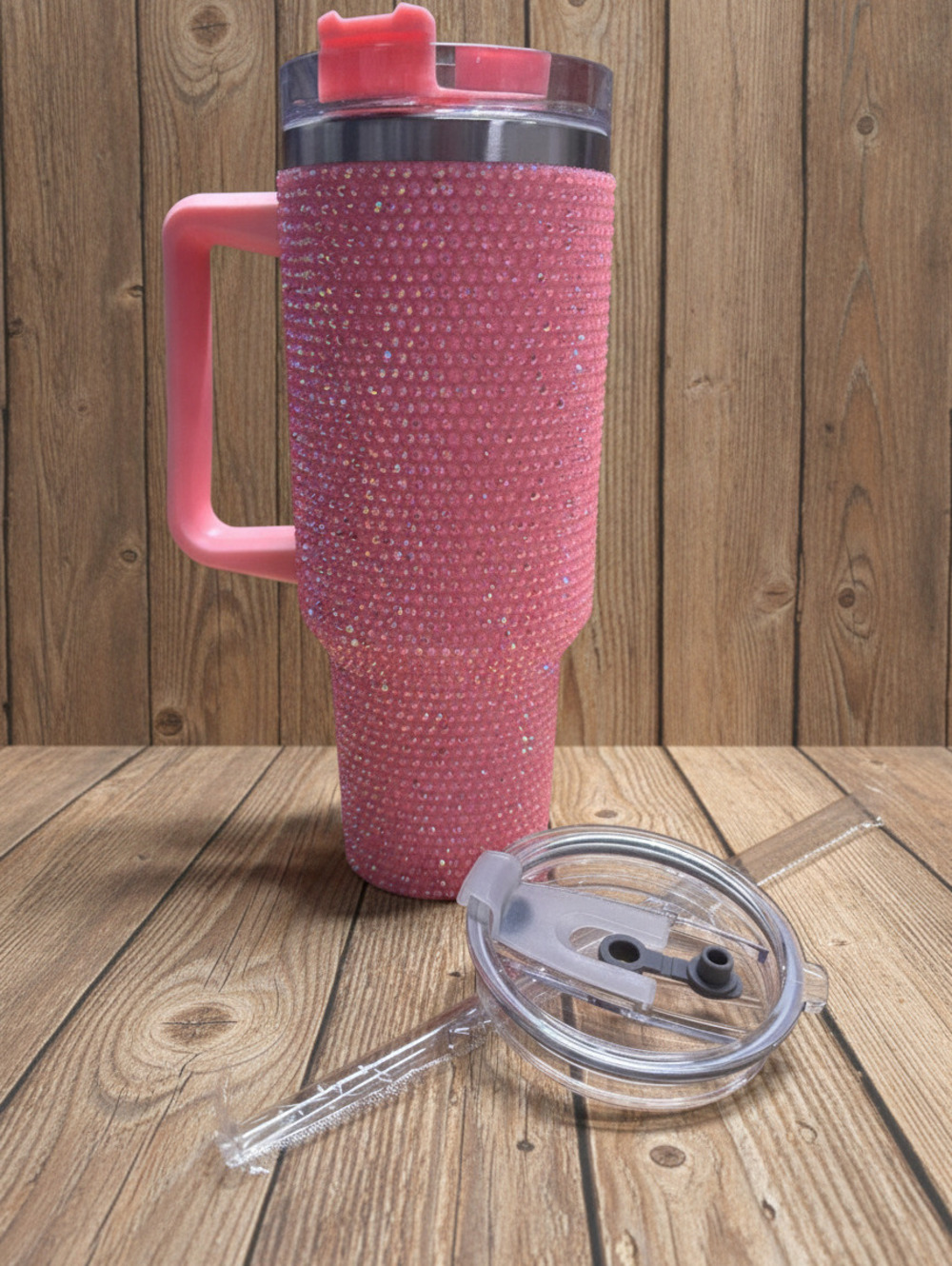 Pink Rhinestone Bling Travel Tumbler with Handle and Lid nib